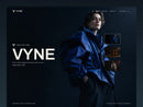 VYNE homepage preview featuring deep blue-black surfaces, pale type, a cobalt portrait hero and muted sage accents.