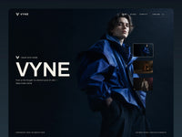 VYNE homepage preview featuring deep blue-black surfaces, pale type, a cobalt portrait hero and muted sage accents.