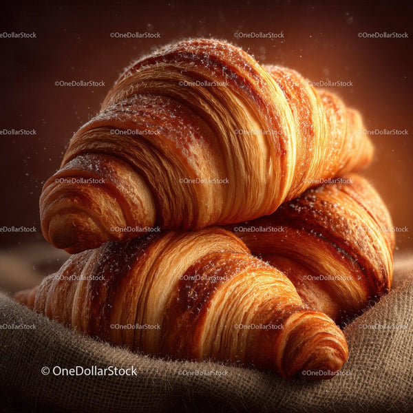 Fresh Croissants with Golden Crust on Rustic Bakery Table