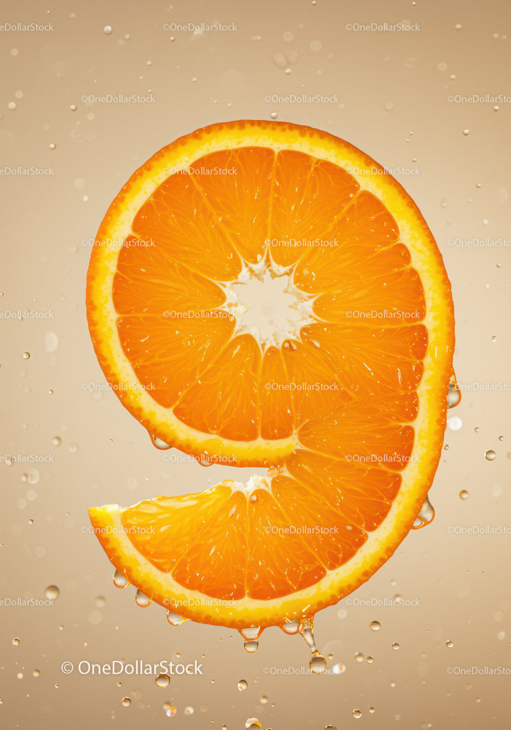 Fresh orange slice shaped as number nine with water droplets