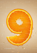 Fresh orange slice shaped as number nine with water droplets