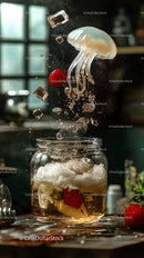 Creative Food Display with Jellyfish and Ice Cube Splash