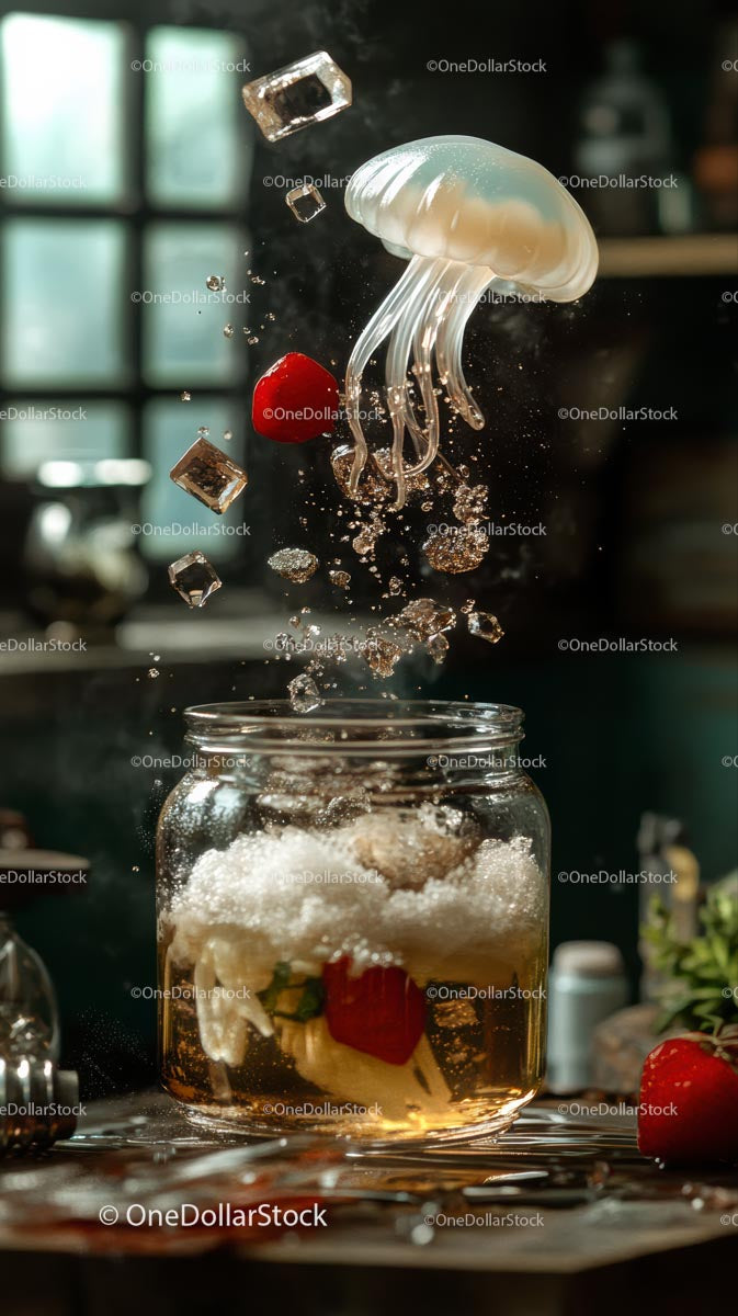 Creative Food Display with Jellyfish and Ice Cube Splash