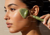 Beautiful Woman Using Jade Roller for Facial Skin Rejuvenation