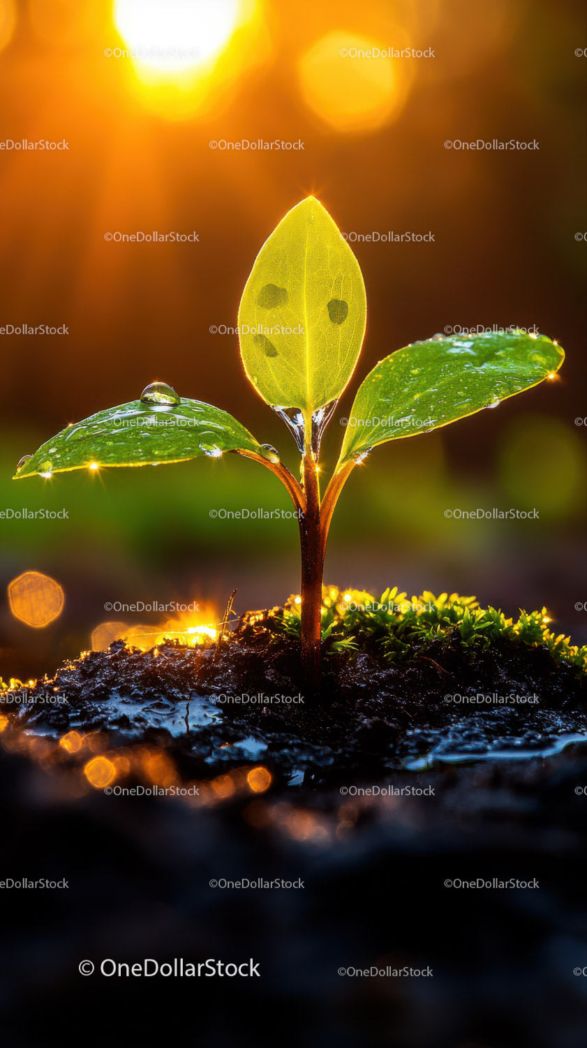 Fresh Green Seedling with Dew Drops in Natural Soil Landscape