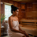 Young Woman Relaxing in Spa Sauna with Wooden Interior