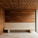 Contemporary Interior with Wooden Ceiling and Stone Bench