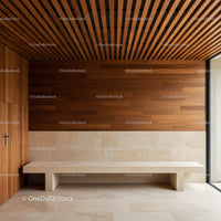 Contemporary Interior with Wooden Ceiling and Stone Bench