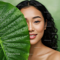 Smiling Woman with Tropical Leaf and Water Droplets in Lush Green Environment