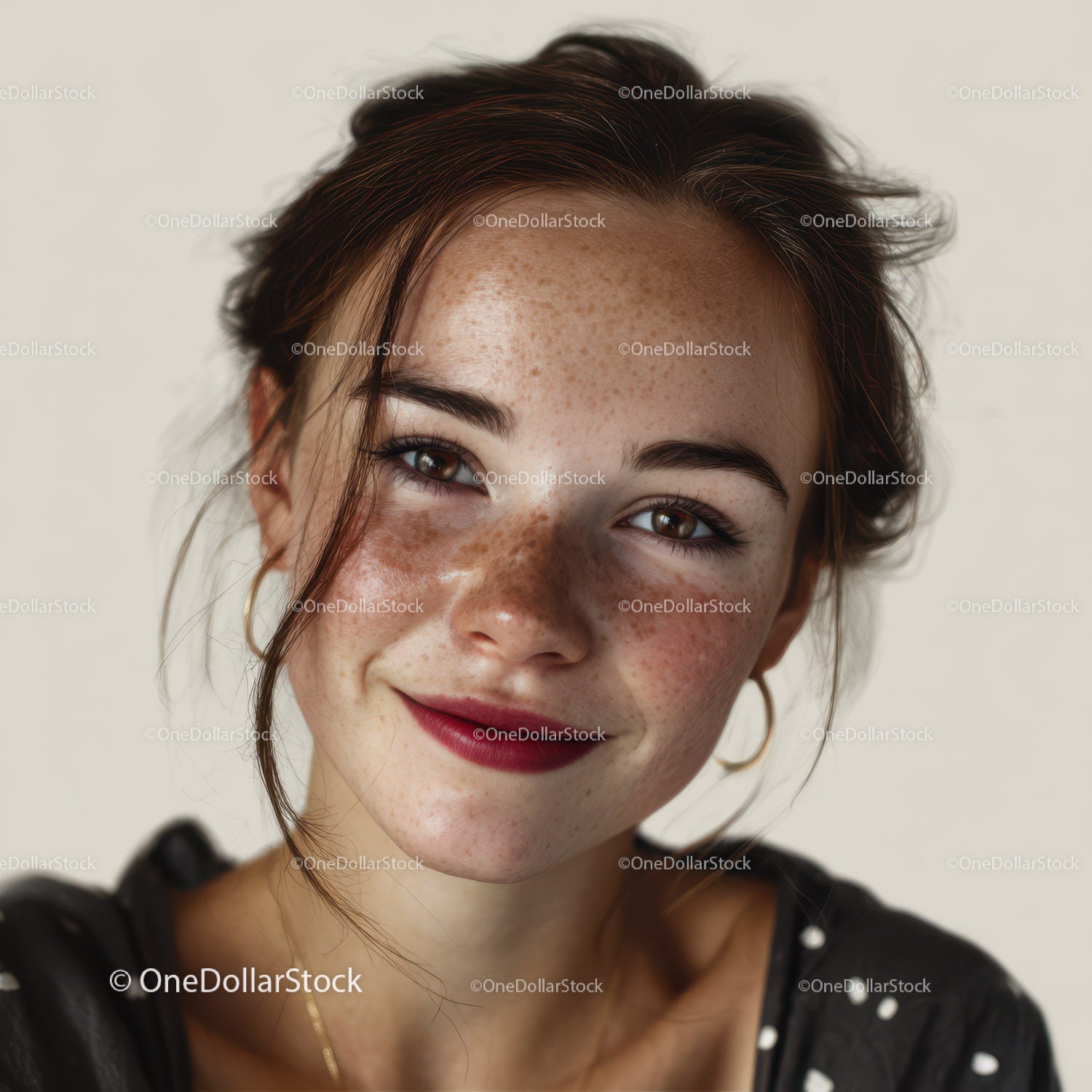 Portrait of a Smiling Woman with Freckles and Short Wavy Hair