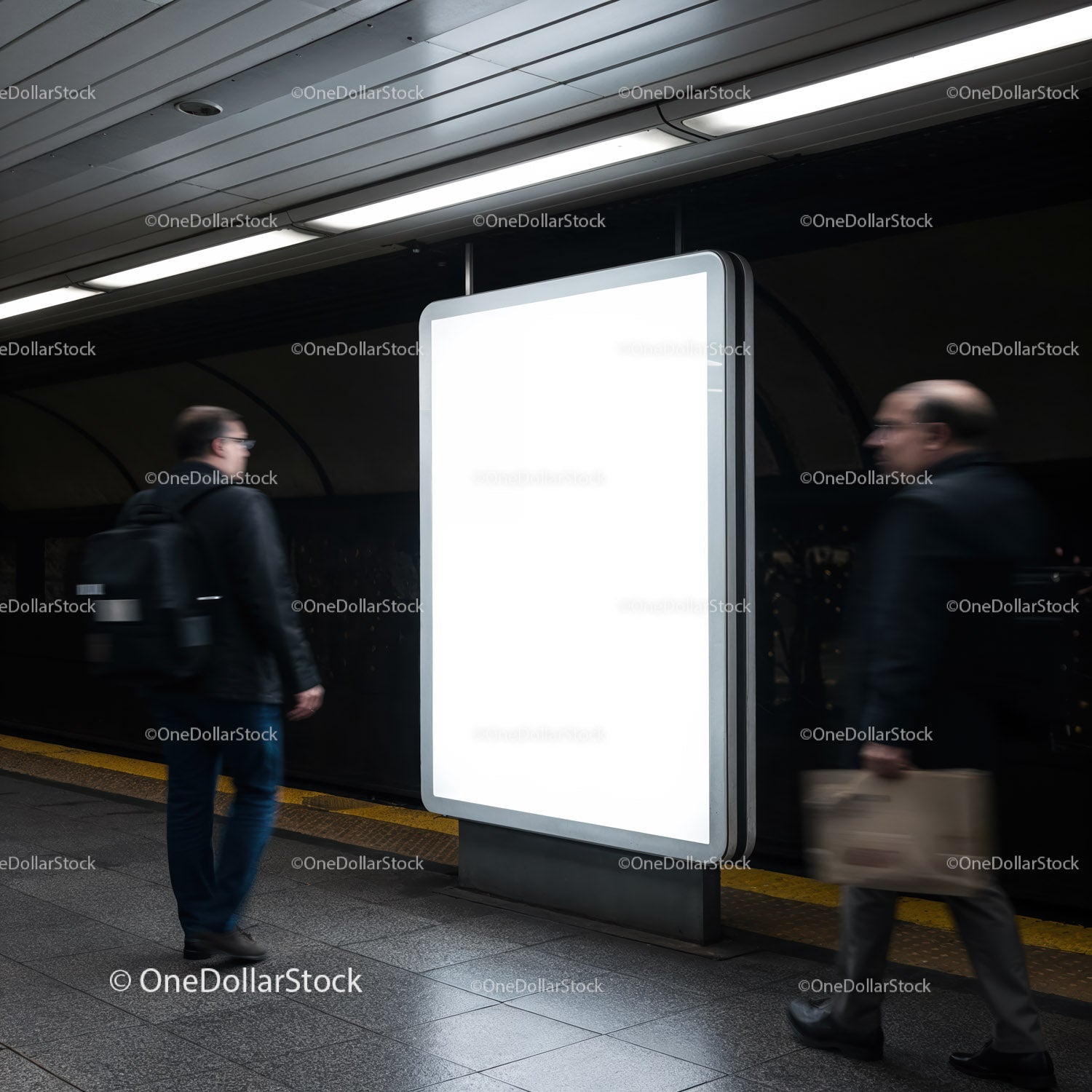 Commuters Passing by Illuminated Advertising Board