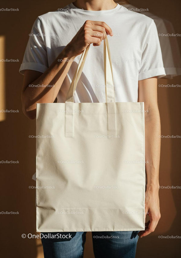 Man Holding Blank Beige Canvas Tote Bag JPG Mockup Image