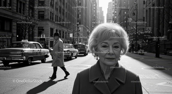 Elegant Senior Woman Walking in City Street with Vintage Cars