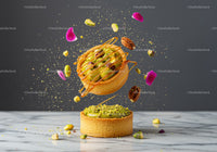 Creative pistachio tart with caramel and flower petals