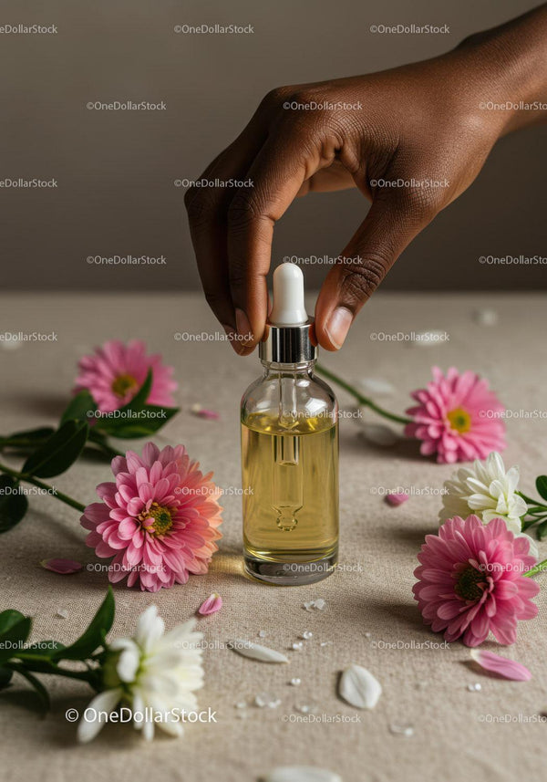 Glass Dropper Bottle with Essential Oil and Pink Daisies JPG Mockup Image