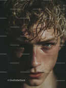 Close Up Portrait of a Young Man with Curly Wet Hair and Intense Expression