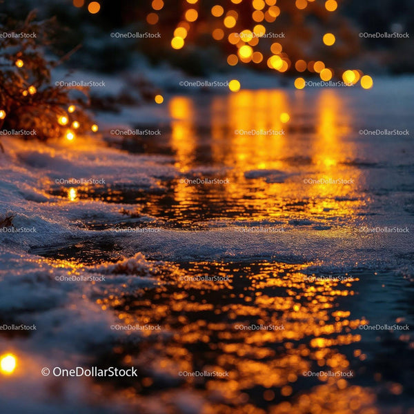 Winter Evening Lights Reflecting on Ice and Snow