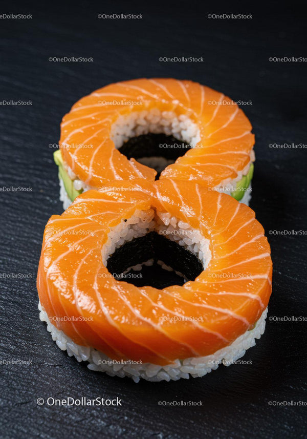 Two salmon sushi rolls shaped like number eight on black slate