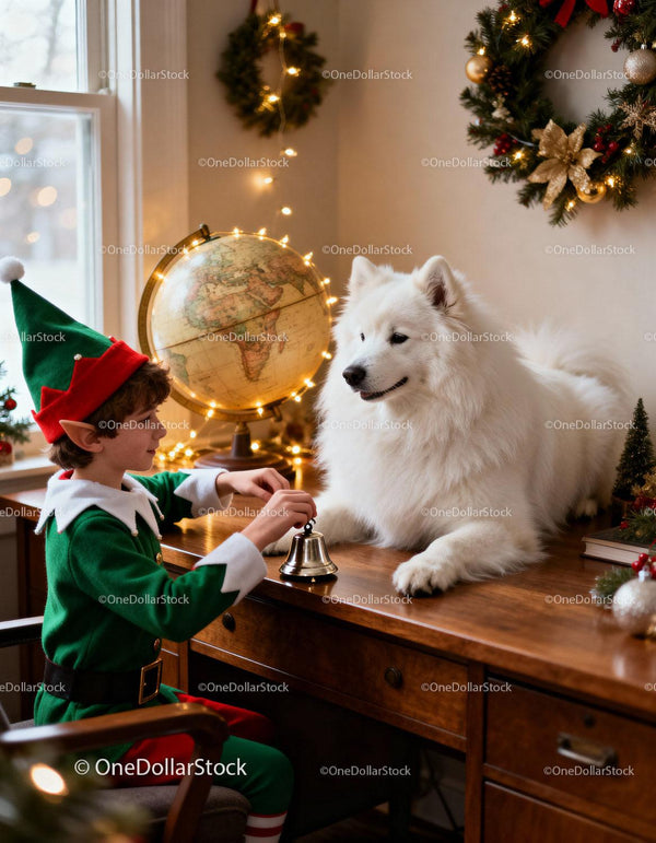 Child in Elf Costume Playing With White Dog Indoors