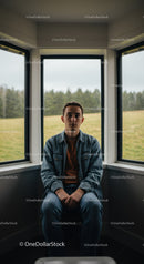 Young Man Sitting in a Cozy Indoor Booth with a Rainy Outdoor View