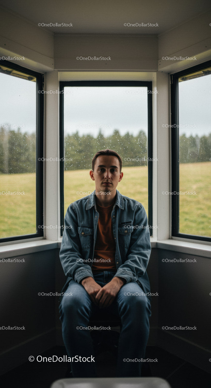 Young Man Sitting in a Cozy Indoor Booth with a Rainy Outdoor View