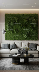 Modern Living Room with Green Foliage Wall and Stylish Sofa