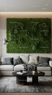 Modern Living Room with Green Foliage Wall and Stylish Sofa