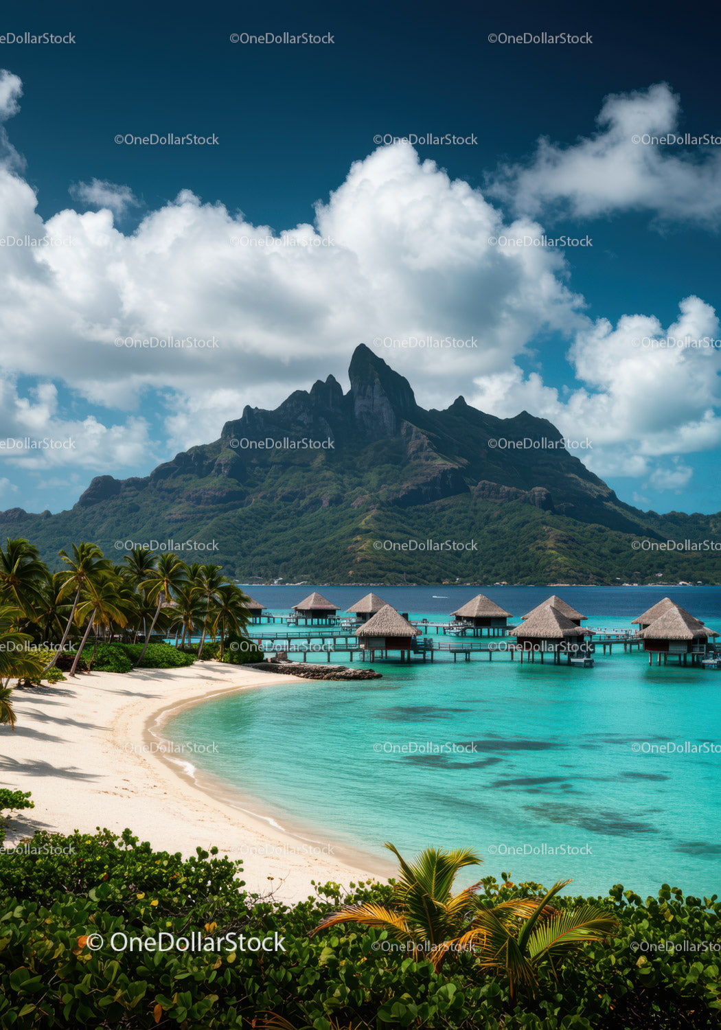 Tropical Beach with Overwater Bungalows and Mountain Backdrop