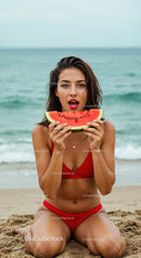 Young Woman Enjoying Watermelon at the Beach in Red Bikini