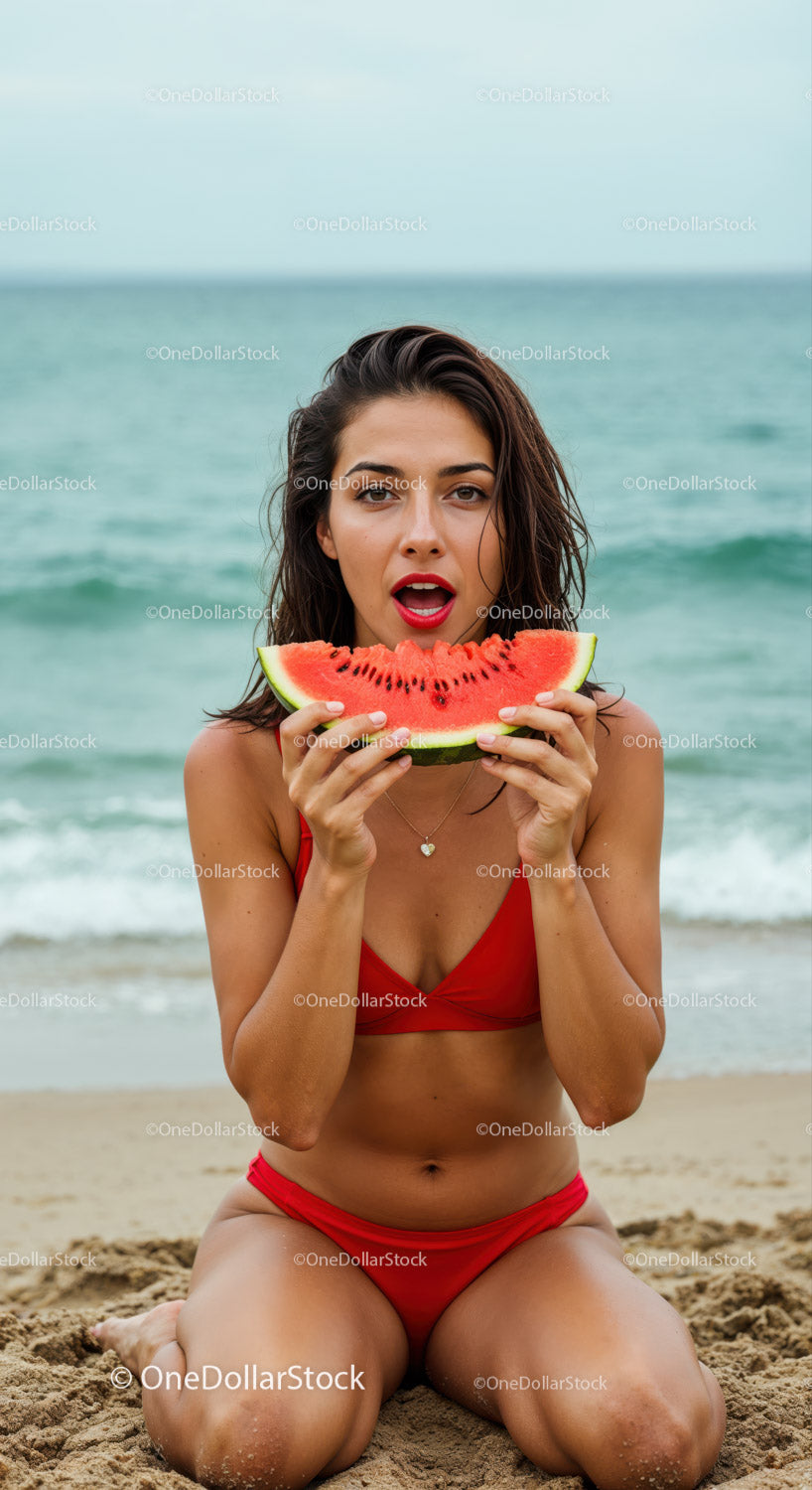 Young Woman Enjoying Watermelon at the Beach in Red Bikini