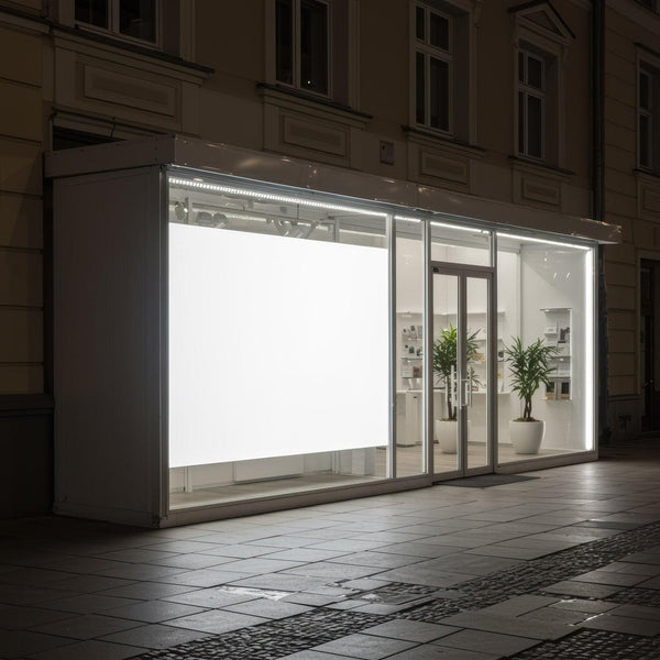 Modern illuminated storefront with blank display panel JPG Mockup Image