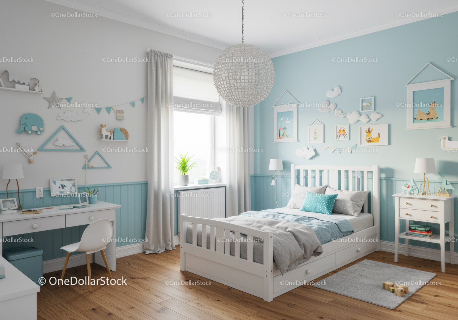 Bright Baby Nursery with Blue Walls and Playful Wall Art