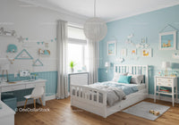 Bright Baby Nursery with Blue Walls and Playful Wall Art
