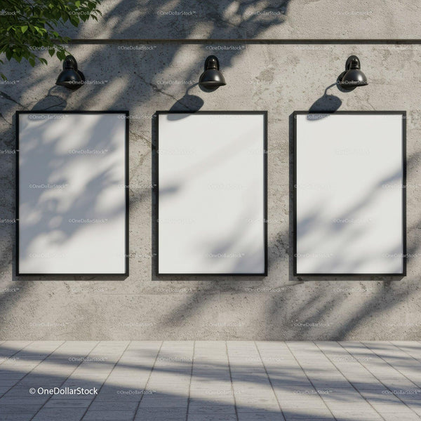 Three Blank Posters on Concrete Wall with Outdoor Lamps JPG Mockup Image