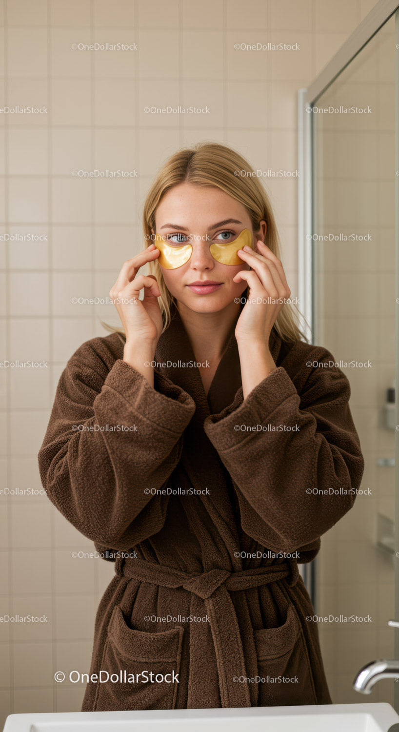 Young Woman Applying Under-Eye Patches in Bathroom Wellness Setting