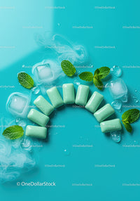 Refreshing mint gum with ice and fresh mint leaves