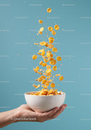 Hand Holding Bowl with Flying Cornflakes Against Blue