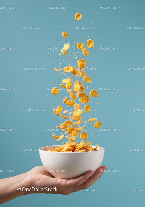 Hand Holding Bowl with Flying Cornflakes Against Blue