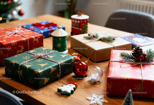 Festive wrapped Christmas gifts and ornaments on table