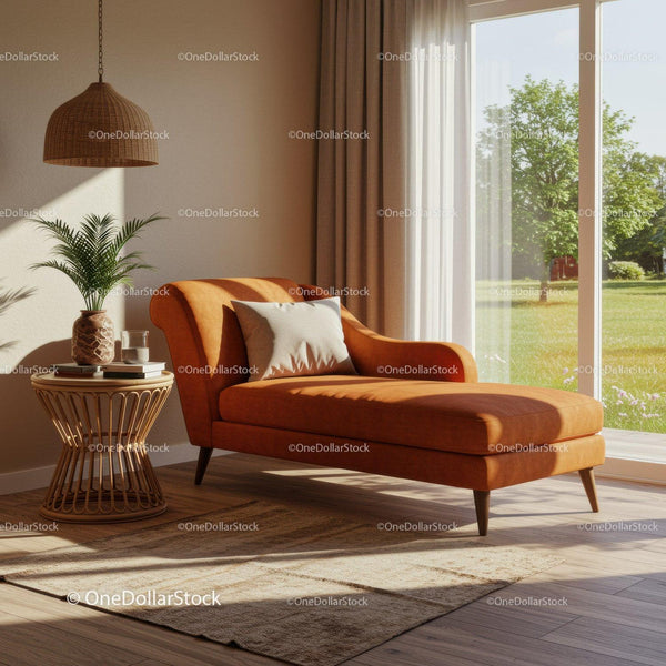 Cozy orange chaise lounge by large sunny window