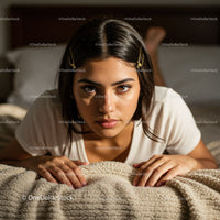 Beautiful Woman Relaxing in Cozy Bedroom with Soft Lighting