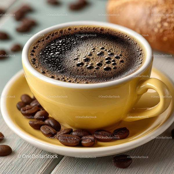 Delicious Hot Coffee in a Yellow Cup with Coffee Beans