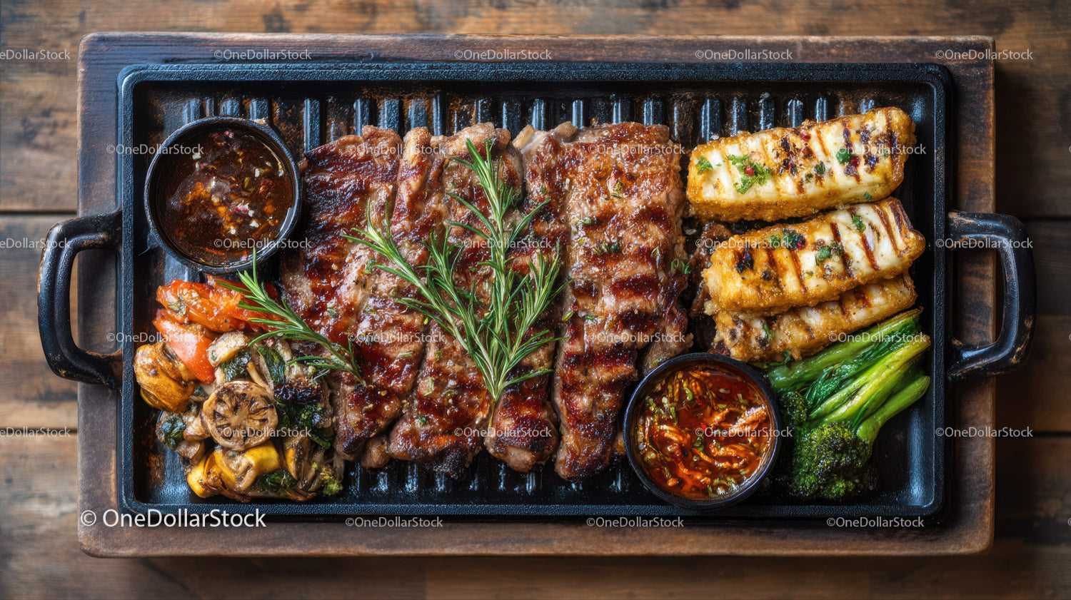 Juicy Grilled Steak with Vegetables and Savory Sauces on Rustic Plate