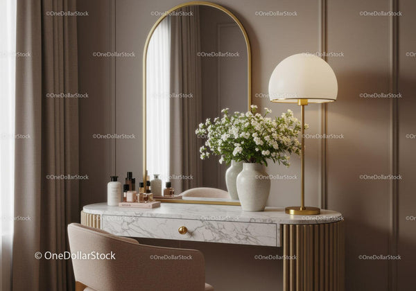 Elegant marble vanity table with flowers and modern lamp