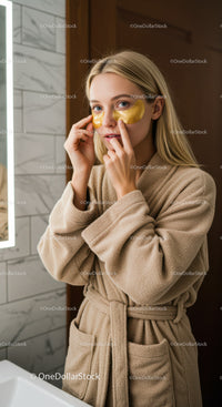 Young Woman Applying Gold Face Masks in Spa or Beauty Salon