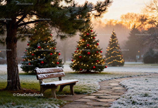 Snowy park bench near decorated Christmas trees at sunset