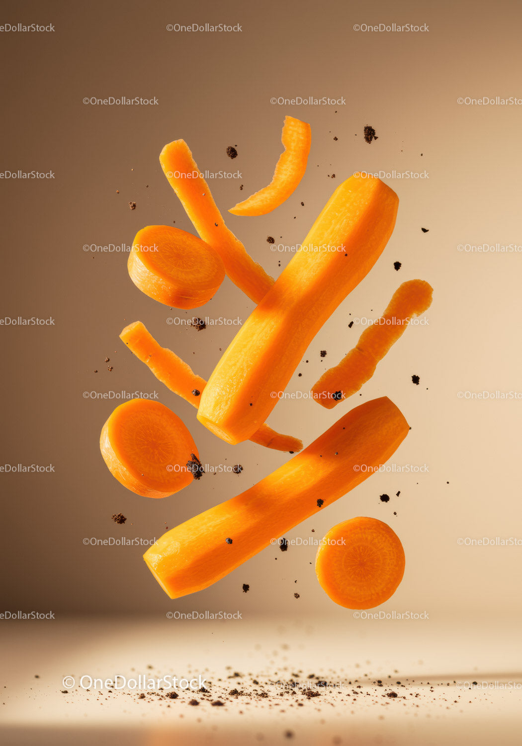Floating sliced carrots with scattered soil particles