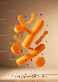 Floating sliced carrots with scattered soil particles