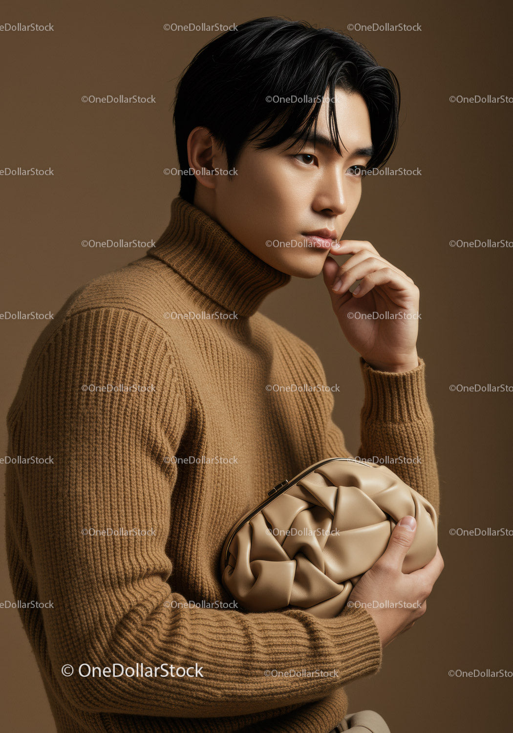 Stylish Young Man in Beige Turtleneck with Luxury Bag for Fashion