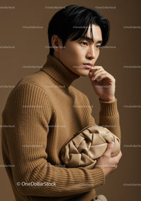 Stylish Young Man in Beige Turtleneck with Luxury Bag for Fashion